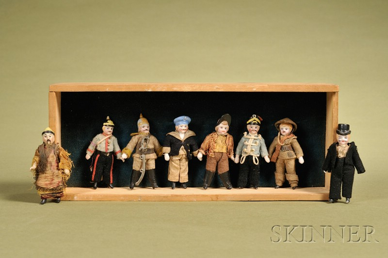 Eight Small Bisque Gentlemen Figures in Shadowbox Germany c 1900