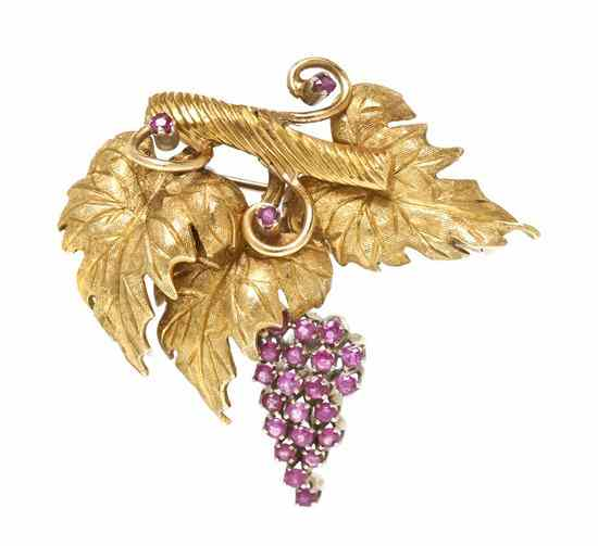 An 18 Karat Yellow Gold and Ruby Grape Cluster Brooch