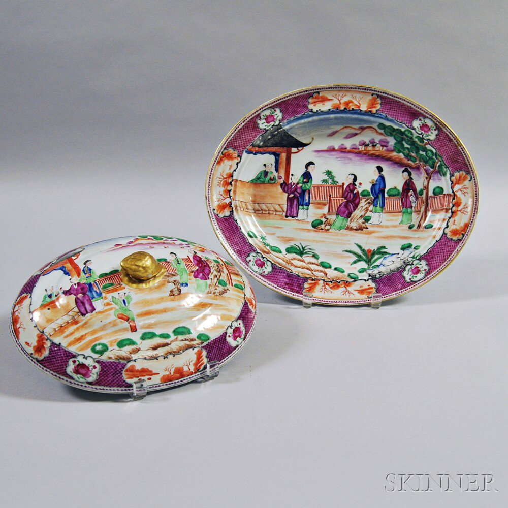 Chinese Export Famille Rose Covered Tureen depicting a garden scene