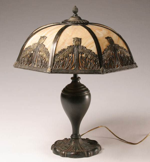 Slag glass lamp urn shaped base eight panel shade with