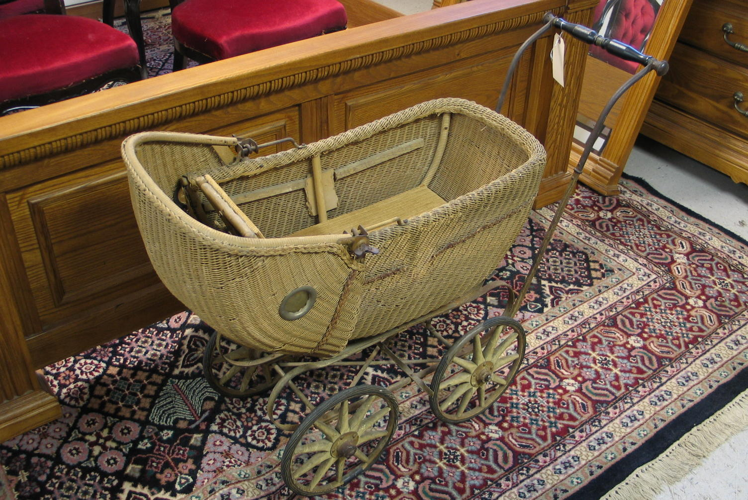 WICKER BABY BUGGY American c 1900 the woven wicker basket