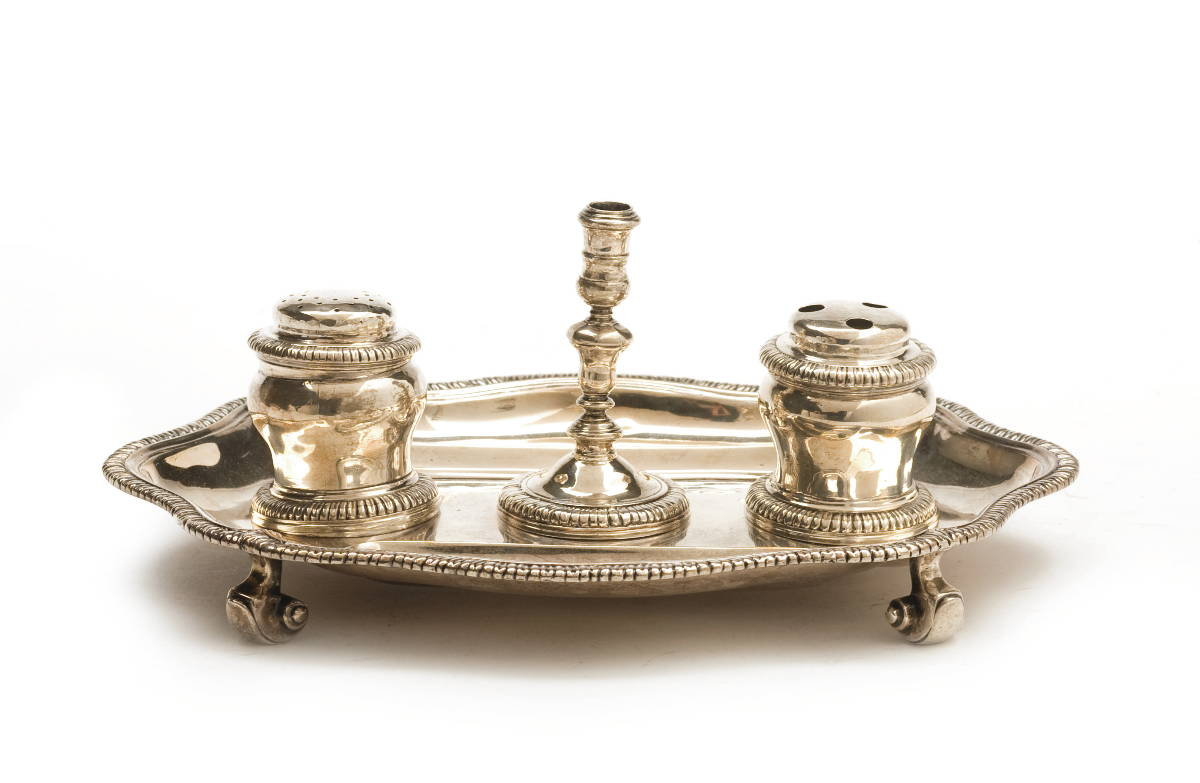 GEORGE II SILVER INKSTAND AND INKWELL WILLIAM CRIPPS LONDON 1746