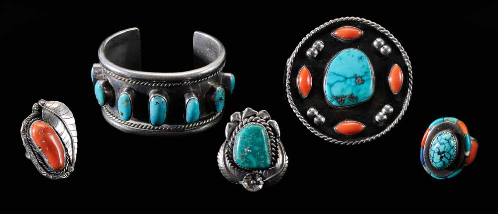 Five Pieces Navajo Silver Jewelry ring with turquoise coral lapis