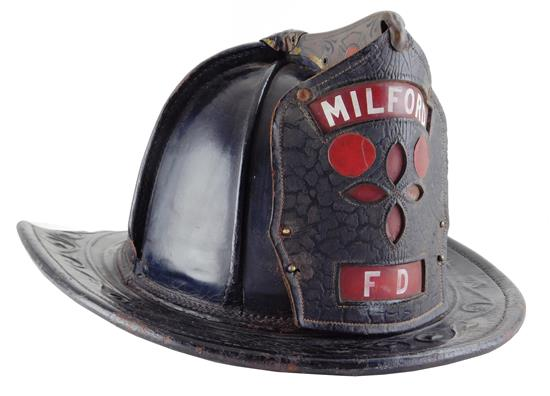 Early 20th C fireman s helmet Milford Fire Department embossed