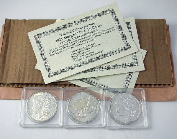 1921 P 1921 D and 1921 S Morgan silver dollars