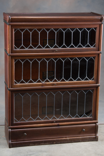 Antique mahogany leaded glass three Stack Lawyer Bookcase circa 1915