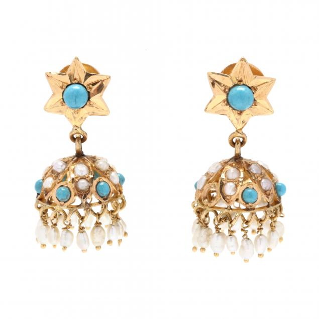 Gold Pearl and Turquoise Jhumka Style Earrings India The star