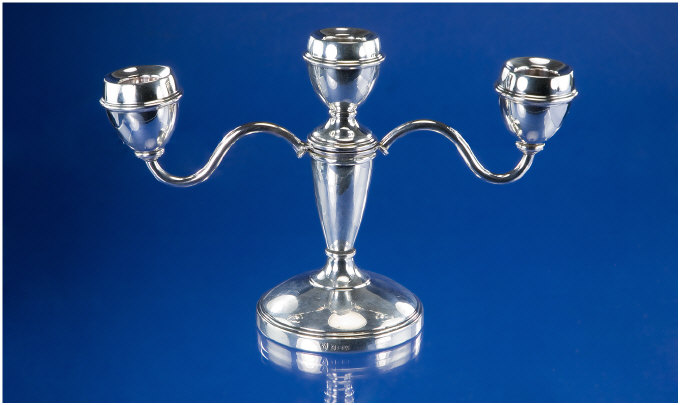 Silver 3 Arm Candlestick Of Plain Form Height 5 Inches