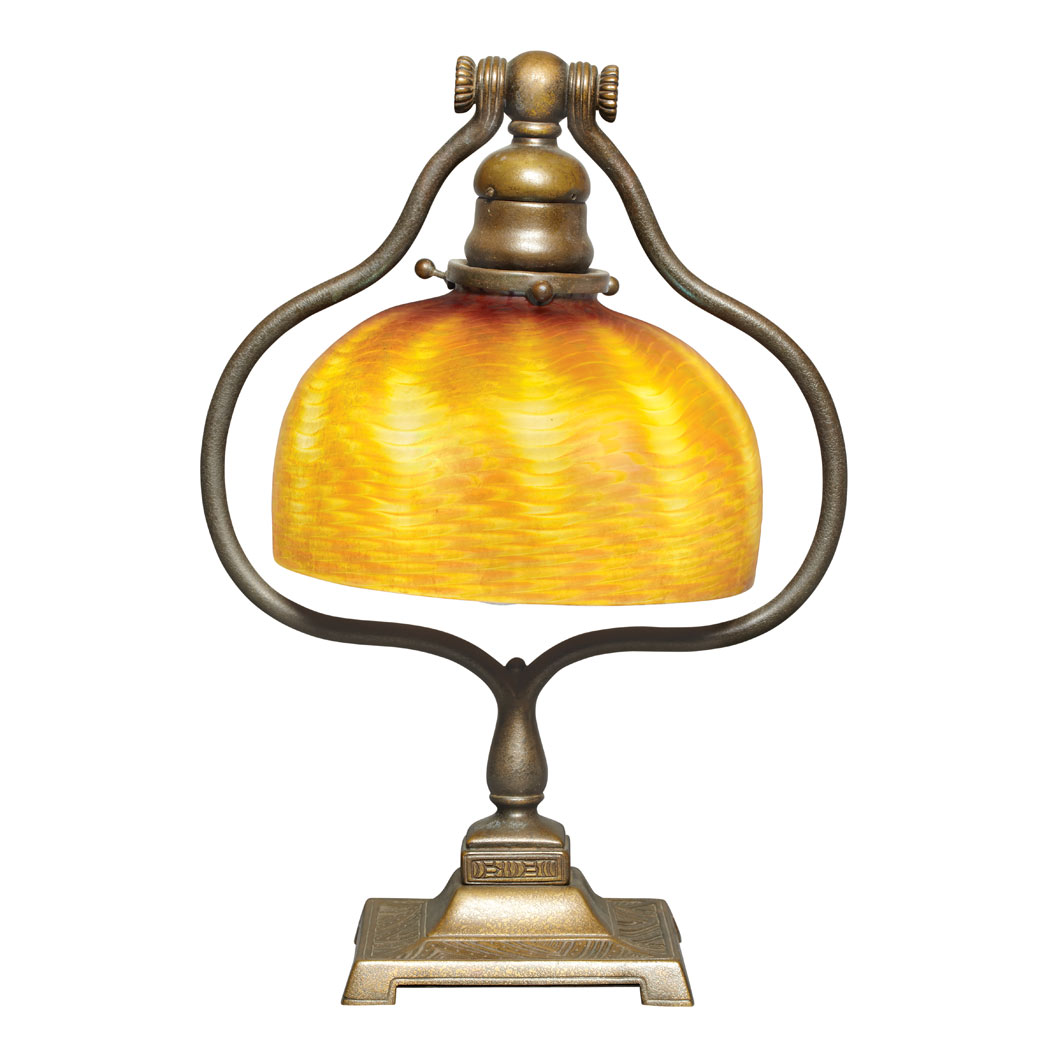 Tiffany Studios Gilt Bronze and Favrile Glass Harp Desk Lamp