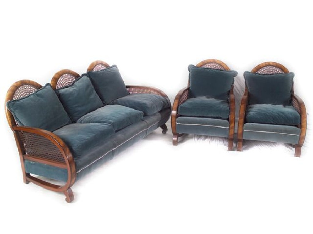 ART DECO WALNUT BERGERE SUITE c 1930 comprising a three