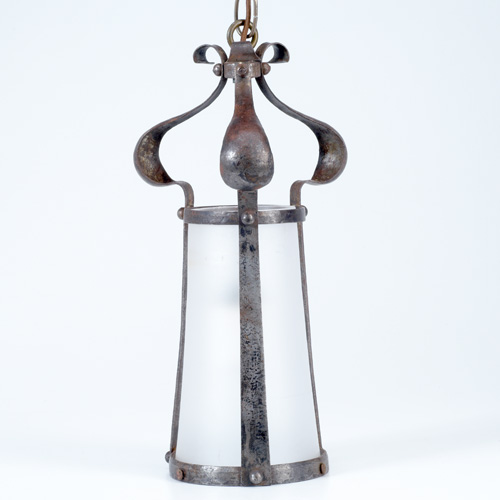 EUROPEAN Wrought iron hanging lantern with frosted glass liner Unmarked