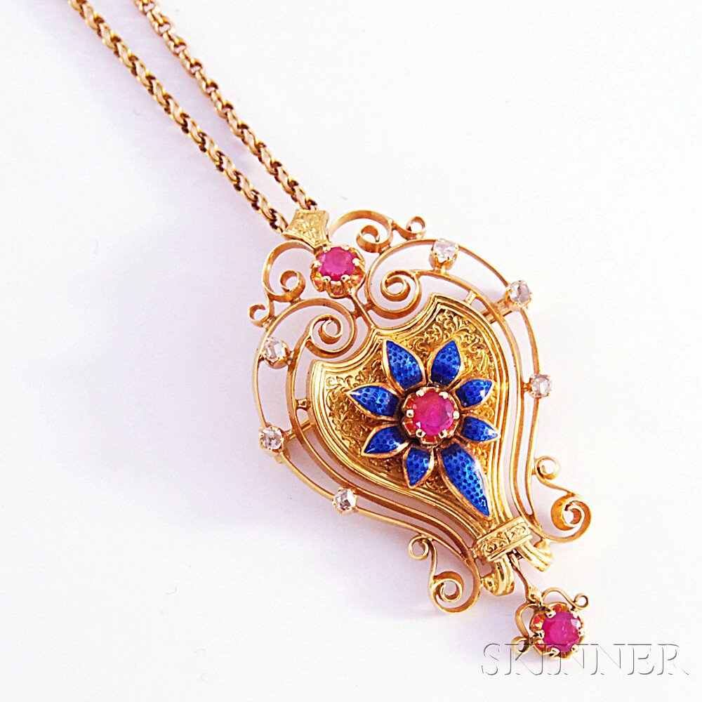 18kt Gold Enamel and Ruby Pendant the shaped pendant with