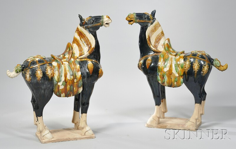 Pair of Chinese T ang style Glazed Ceramic Horse Figures