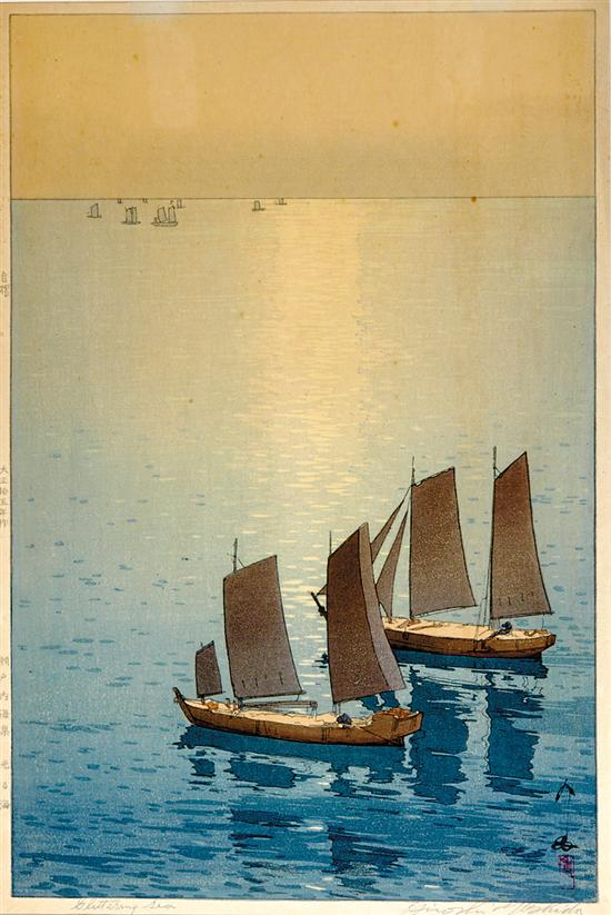 Hiroshi Yoshida Japanese 1876 1950 GLITTERING SEA woodcut framed titled