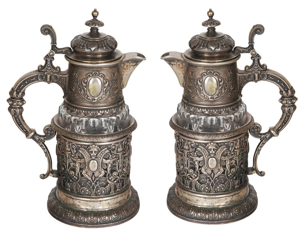 A PAIR OF GERMAN SILVER MOUNTED GLASS TANKARDS SY WAGNER