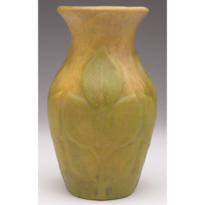 Roseville Velmoss vase raised leaf designs covered in a green