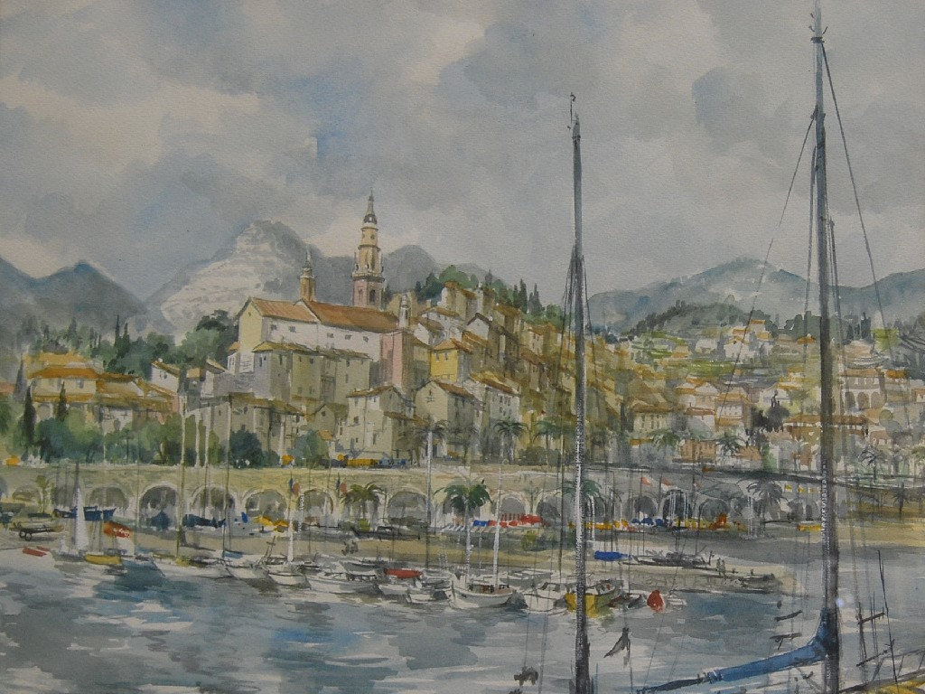 Charles Bone View of Menton France watercolour signed 35 x