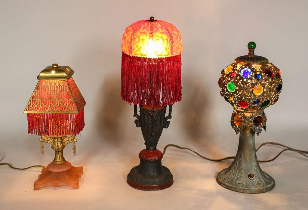 3 boudoir lamps Pink glass with beaded brass overlay shade