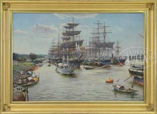 CHARLES ROBERT PATTERSON American 1878 1958 BUSY CALCUTTA HARBOR Large