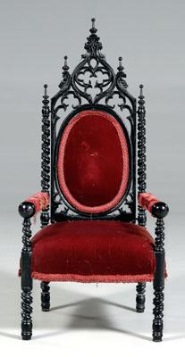 Gothic Revival open armchair elaborate pierced back turned arms spiral