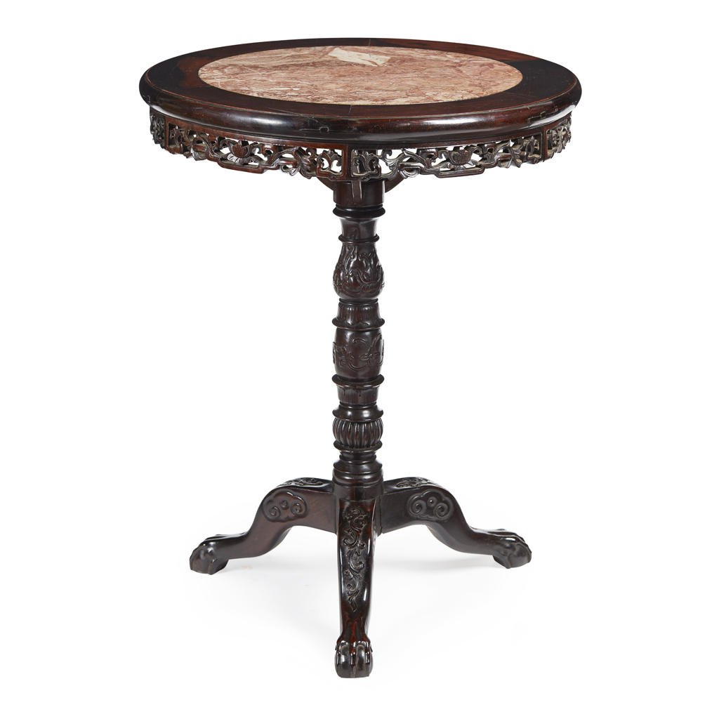 HUALI WOOD AND MARBLE TRIPOD TABLE QING DYNASTY MID 19TH