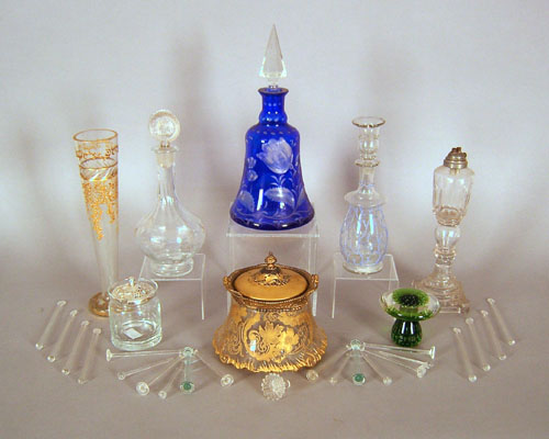 Group of glass tablewares to include enamel decorated dresser box