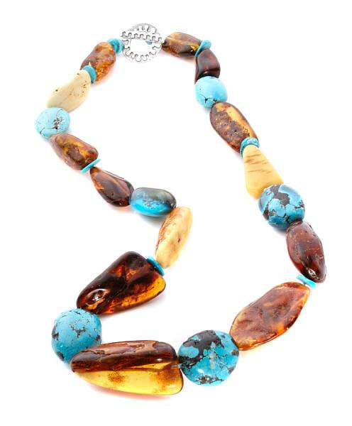 Amber Nugget and Turquoise Necklace A single strand necklace composed