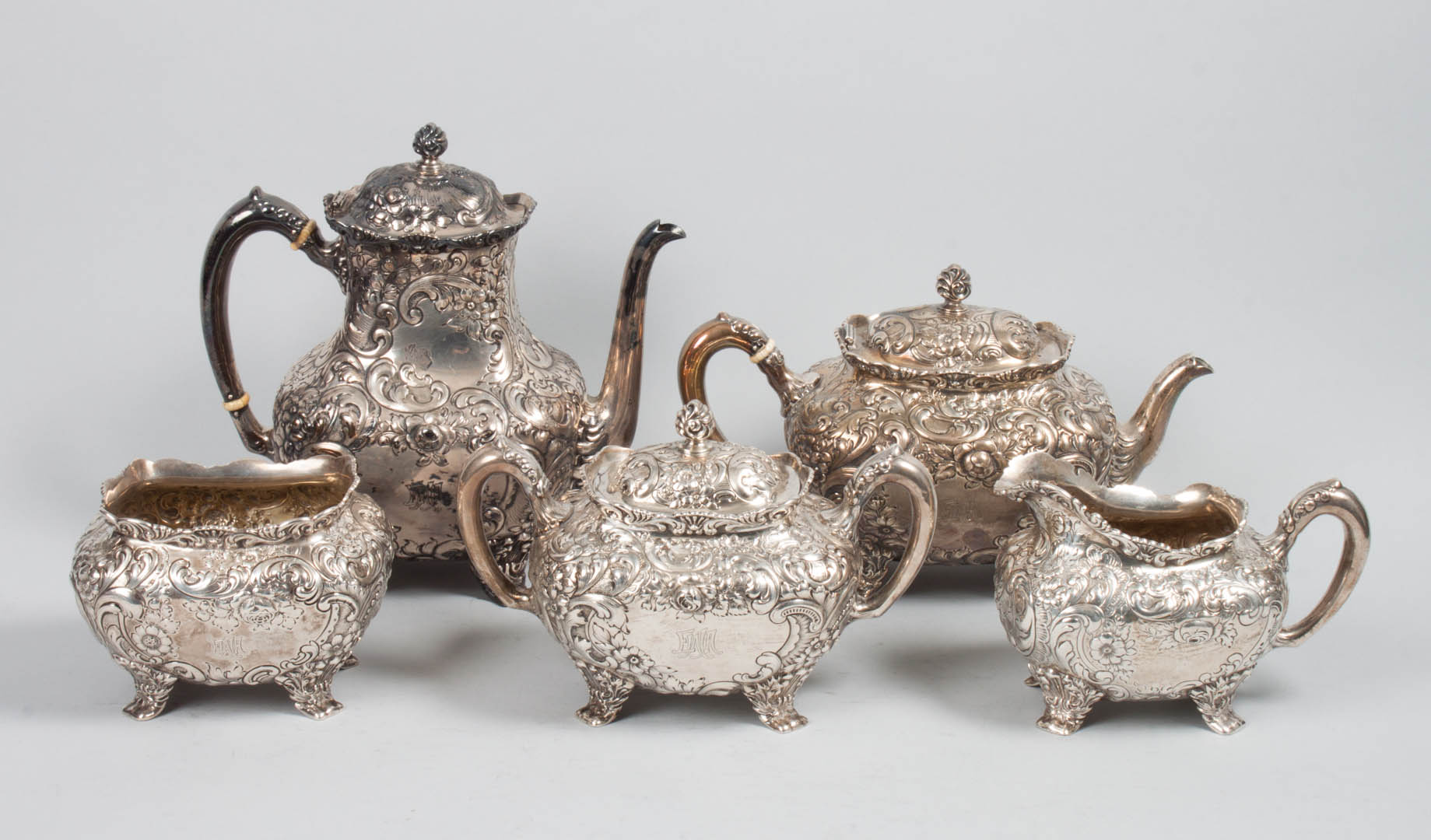 Sterling silver repousse tea coffee service Fuchs Beiderhase NY 1891