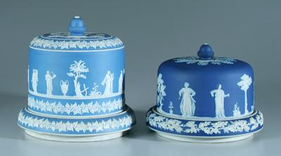Two Jasperware lidded cheese stands one with classical figures on
