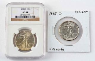 Lot Of 2 Walking Liberty Half Dollars 1935 D MS