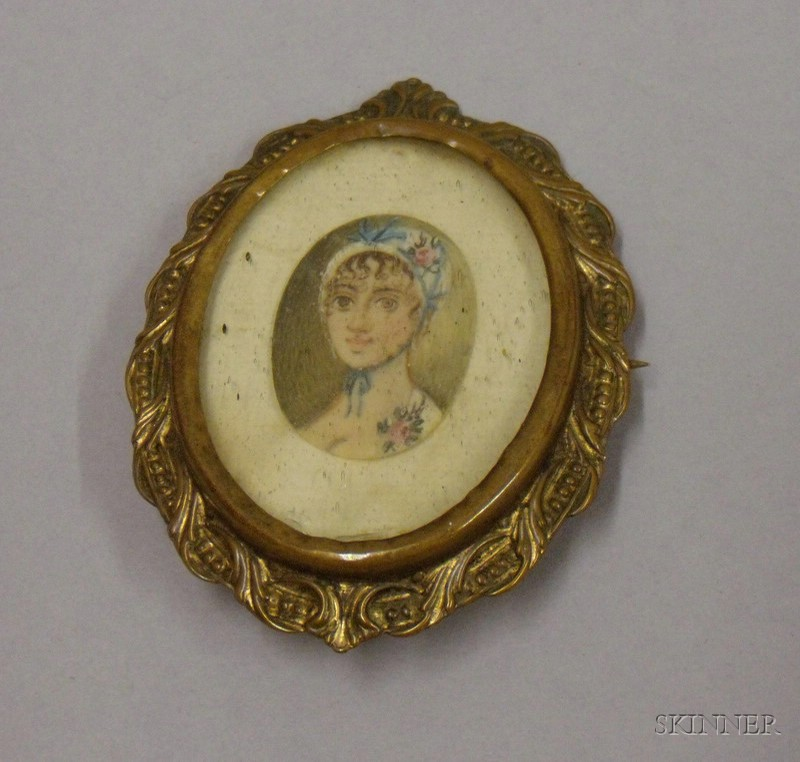Gilt metal Framed Primitive Hand painted Portrait Brooch Anglo American