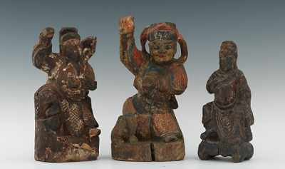 A Group of Three Chinese Carved Wood Figures With remnants