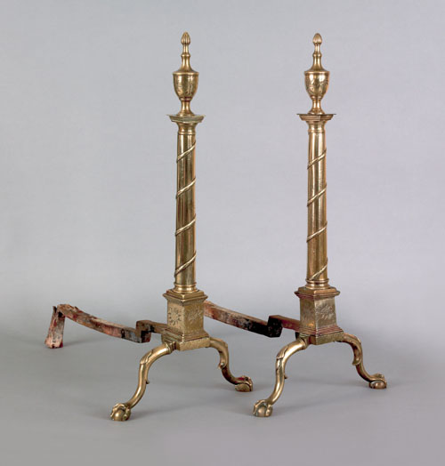 Important pair of Philadelphia Federal brass andirons ca 1790 attributed