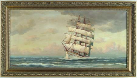 SIGNED American 20th Century TALL SHIP AT SUNRISE Oil on