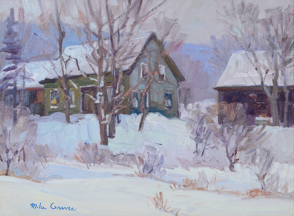 GRAVES Michael American 1952 Snowy Winter Landscape with Homestead Oil