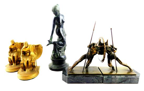 Classical inspired sculpture and two pairs bookends reproduction Greek style