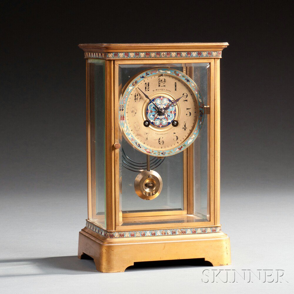 French Champleve Mantel Clock early 20th century the enameled brass