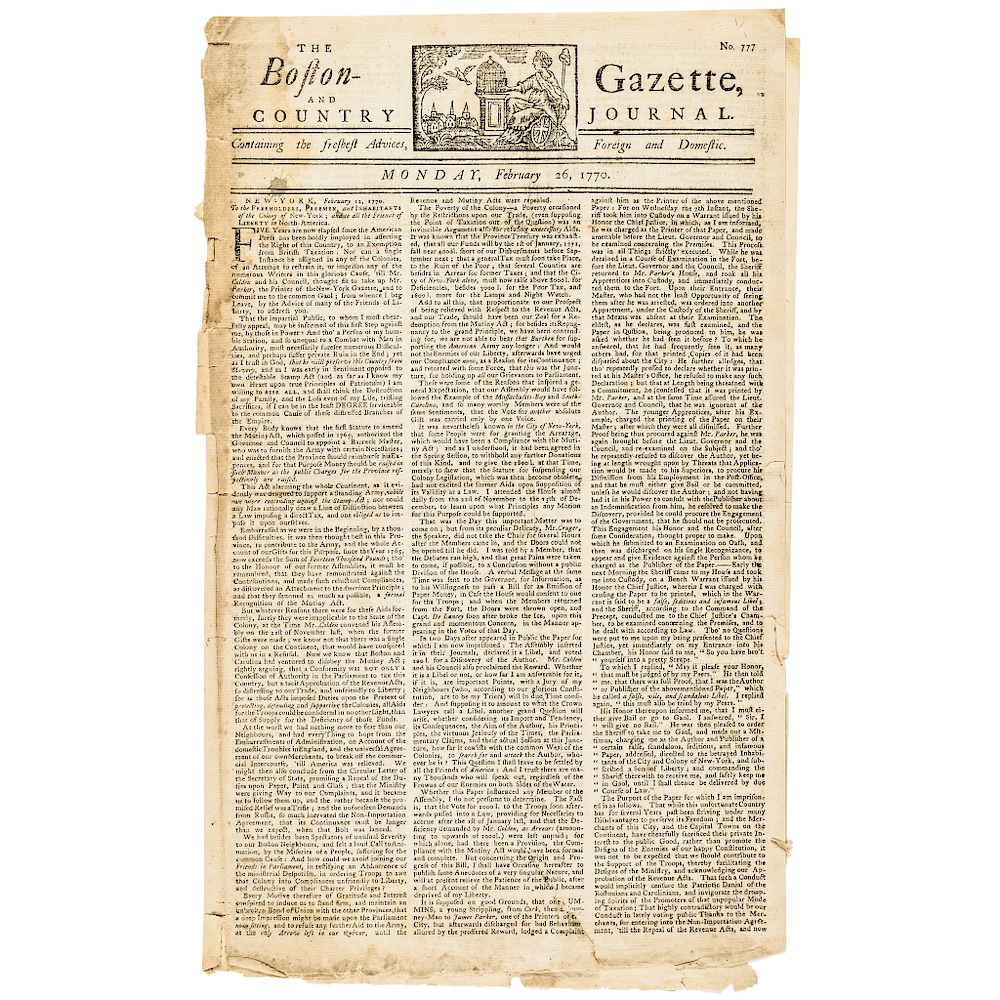 1770 Paul Revere Masthead Boston Gazette Newspaper Prior to the