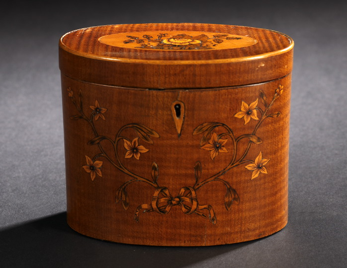 Georgian Marquetry and Penwork Mahogany Oval Tea Caddy ca 1800