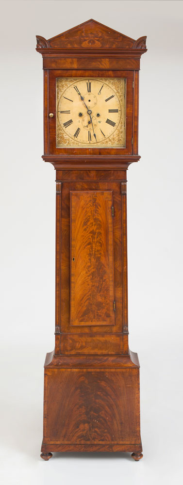 NEO GOTHIC MAHOGANY TALL CASE CLOCK Fitted with a painted