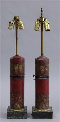 PAIR OF FRENCH TOLE PEINTE CYLINDRICAL OIL LAMPS Each with