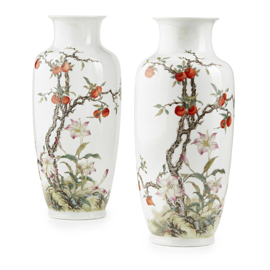 PAIR OF FAMILLE ROSE PERSIMMON VASES DATED 1927 each painted