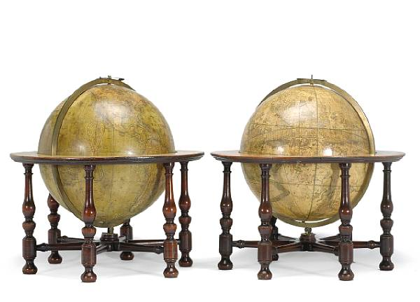 An assembled pair of English Terrestrial and Celestial table globesNewton