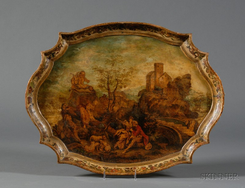 Continental Painted Papier mache and Decoupage Tray 20th century cartouche