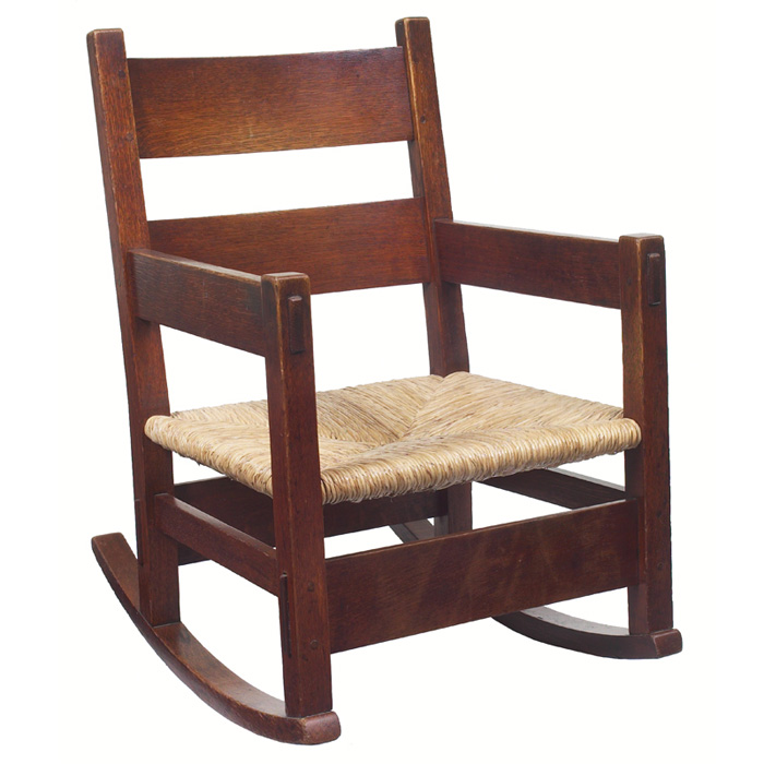 Good Gustav Stickley Thornden rocker early form with two horizontal