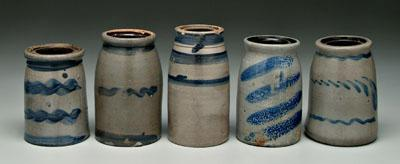 Five decorated stoneware canning jars all salt glazed with variations