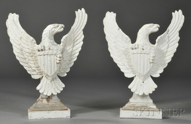 Pair of White painted Cast Iron American Eagles and Shields