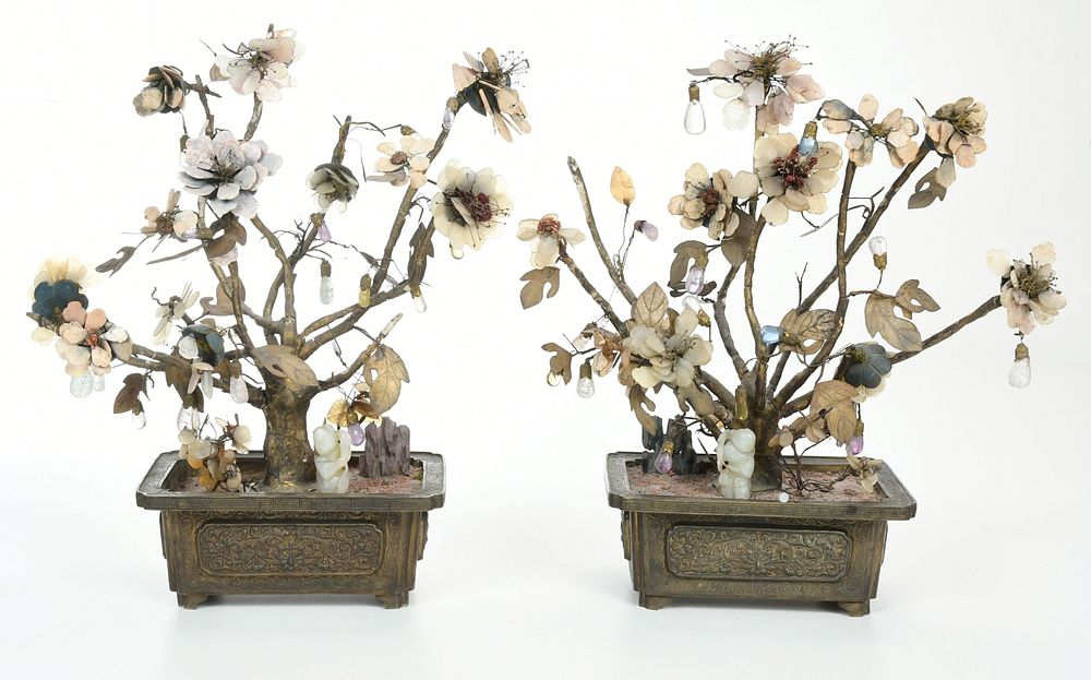 Pair of Chinese Jade Bonsai Trees in Planters each decorated