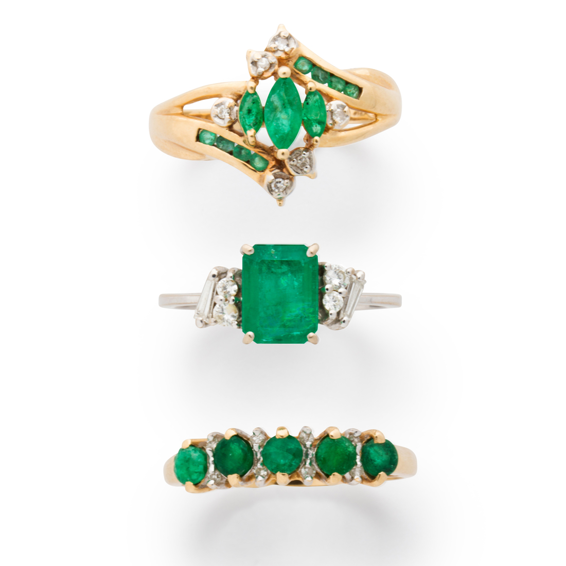 A GROUP OF EMERALD DIAMOND AND YELLOW OR WHITE GOLD
