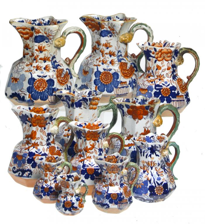 ELEVEN MASON S PATENT IRONSTONE OCTAGONAL JAPAN PATTERN JUGS all
